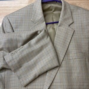 Bill Blass Mens Silk Wool Blend Blazer Jacket Tan Plaid Size L 42